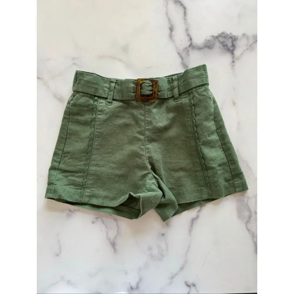 Janie & Jack size 6 preppy evergreen cotton shorts with tortoise belt lace pleat
